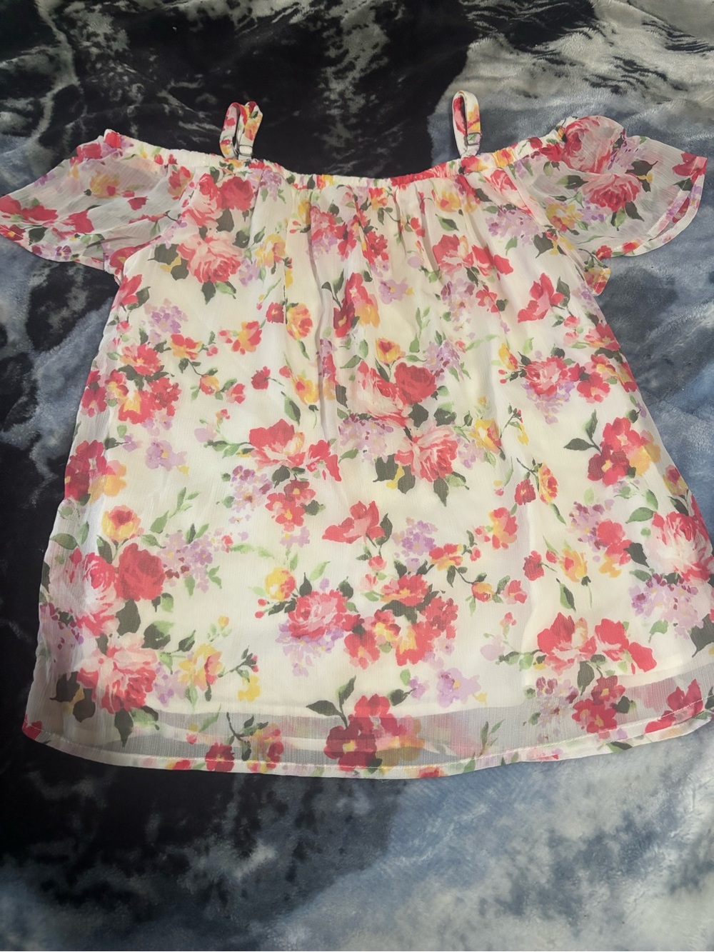 abercrombie kids White Floral Off-Shoulder Cami with Pink and Green Blooms